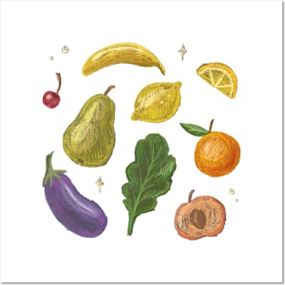 Fruits & Vegetables Chalk Drawn Posters and Art